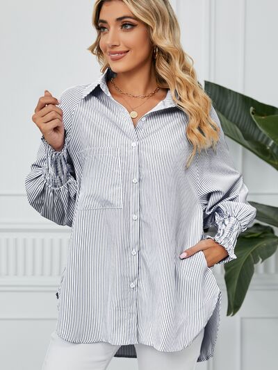 Striped Collared Neck Long Sleeve Shirt - Drazelle Store