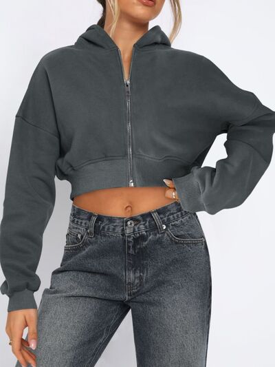 Zip Up Long Sleeve Hooded Cropped Jacket - Drazelle Store