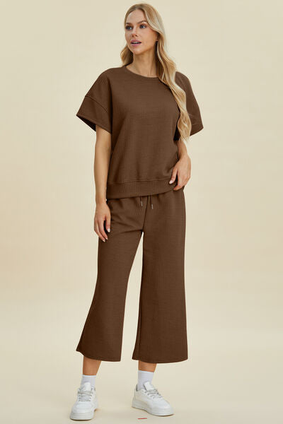 Double Take Full Size Texture Round Neck Top and Pants Set - Drazelle Store