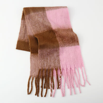 Fringe Contrast Plaid Polyester Scarf - Drazelle Store