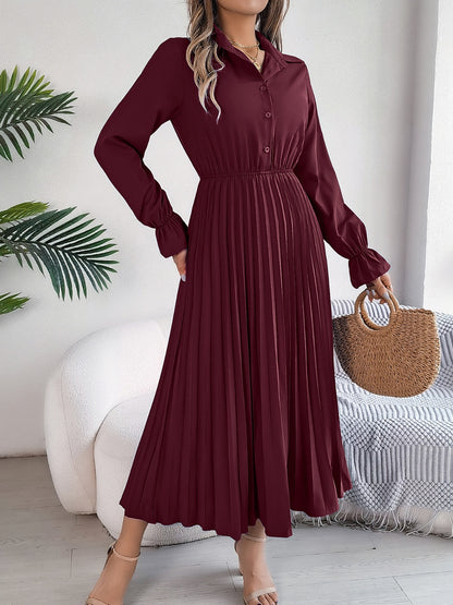 Pleated Half Button Long Sleeve Midi Dress - Drazelle Store