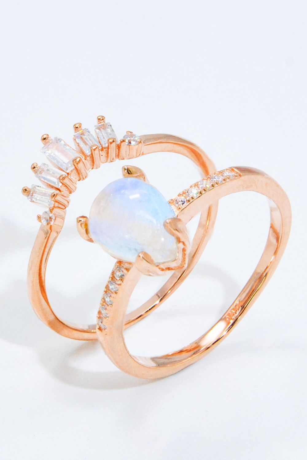 Natural Moonstone and Zircon 18K Rose Gold-Plated Two-Piece Ring Set - Drazelle Store