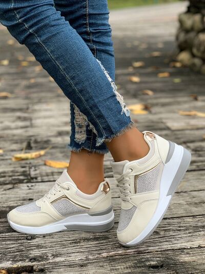 Lace-Up Rhinestone Wedge Sneakers - Drazelle Store