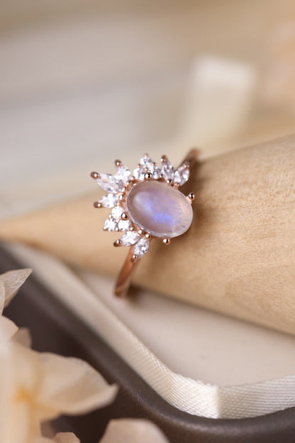  Natural Moonstone 18K Rose Gold-Plated 925 Sterling Silver Ring - Drazelle Store