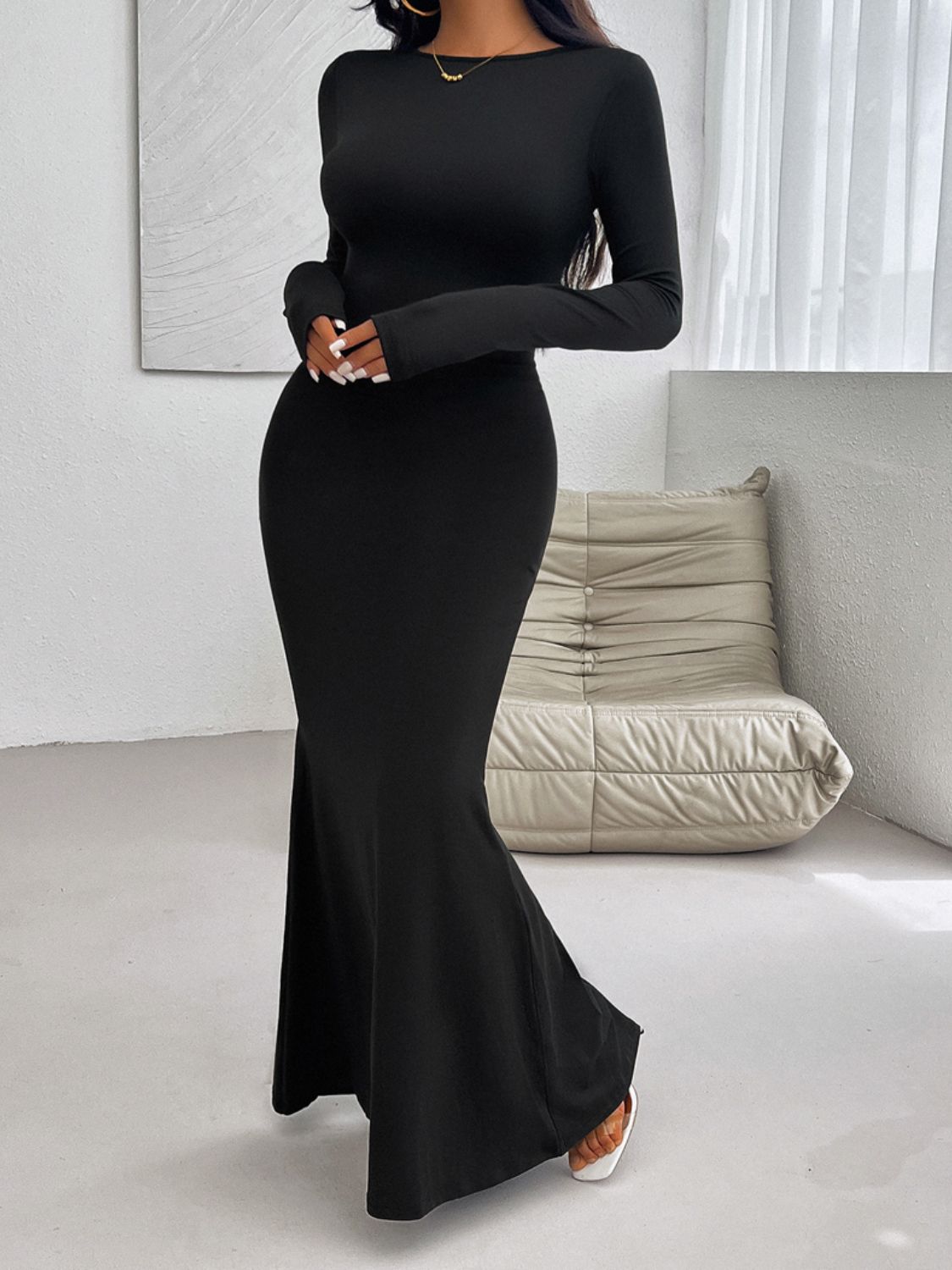 Devine Backless Round Neck Long Sleeve Maxi Dress - Drazelle Store