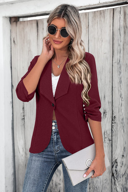 One Button Collared Neck Ruched Sleeve Blazer - Drazelle Store