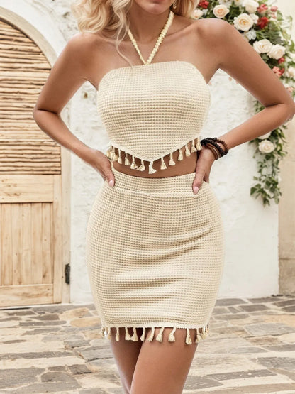 Waffle-Knit Halter Neck Top and Skirt Set - Drazelle Store 