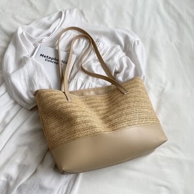 Straw Weave Leather Strap Tote Bag - Drazelle Store