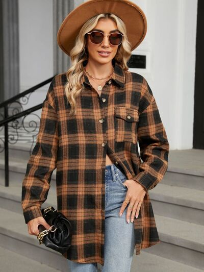 Plaid Collared Neck Long Sleeve Shirt - Drazelle Store