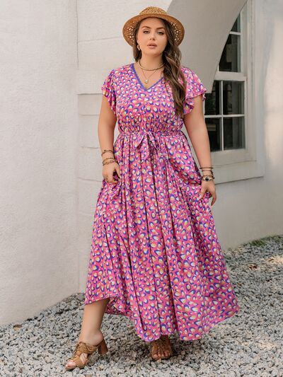 Plus Size Printed V-Neck Flutter Sleeve Tie Waist Maxi Dress - Drazelle Store