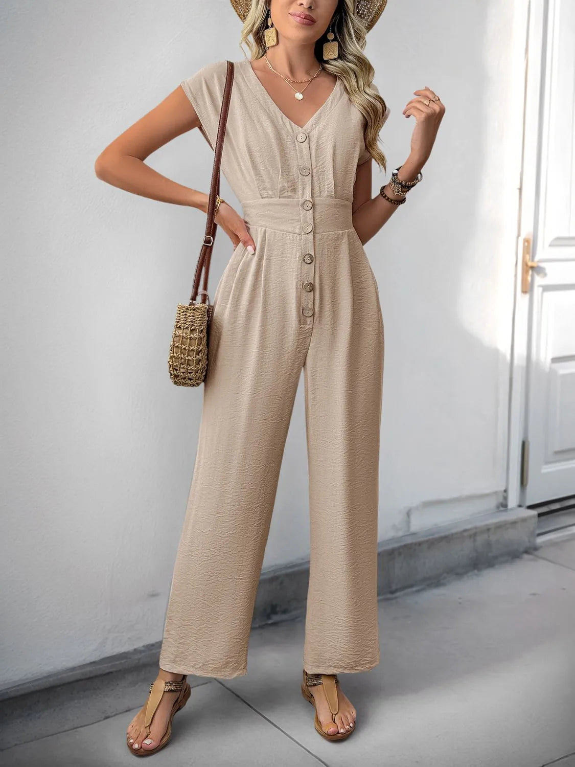 V-Neck Wide Leg Jumpsuit - Drazelle Store