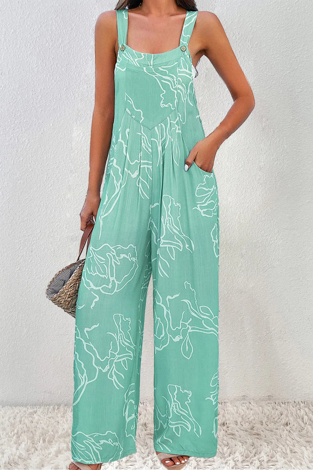 Printed Wide Strap Jumpsuit - Drazelle Store