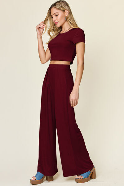 Double Take Full Size Round Neck Top and Pants Set - Drazelle Store