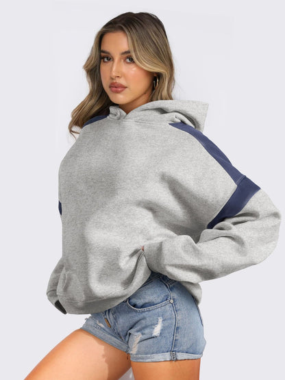 Contrast Dropped Shoulder Long Sleeve Hoodie - Drazelle Store