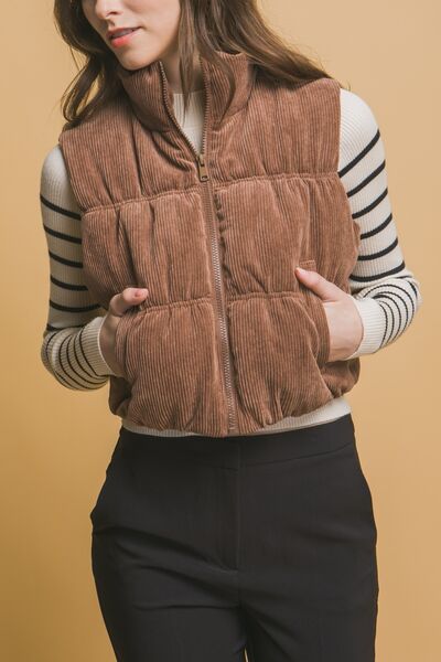 Love Tree Corduroy Zip Up Puffer Vest with Pockets - Drazelle Store