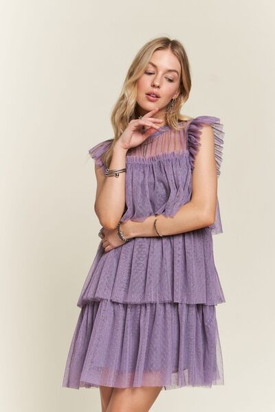 ADORA Layered Ruffled Cap Sleeve Mesh Dress - Drazelle Store