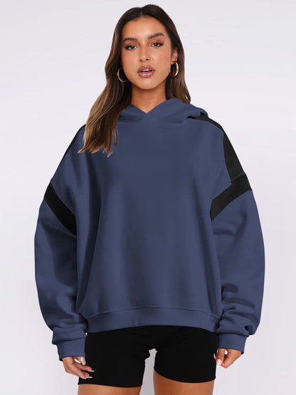 Contrast Dropped Shoulder Long Sleeve Hoodie - Drazelle Store