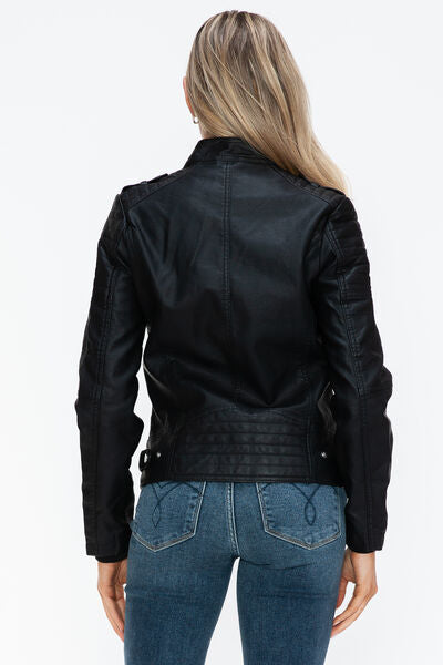 Snobbish PU Leather Biker Jacket with Side Zip Pockets - Drazelle Store