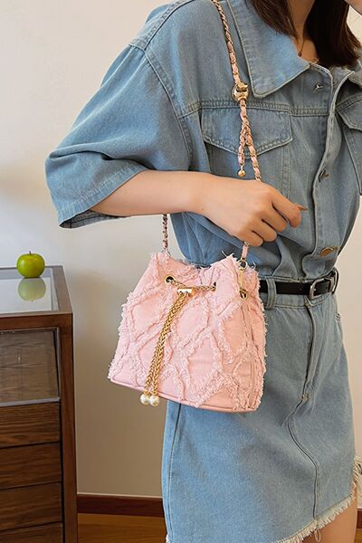 Chain Drawstring Raw Edge Denim Bucket Bag - Drazelle Store