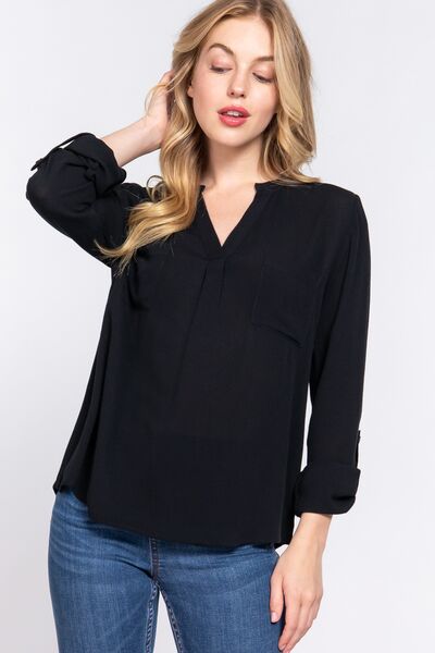 ACTIVE BASIC Notched Long Sleeve Woven Top - Drazelle Store