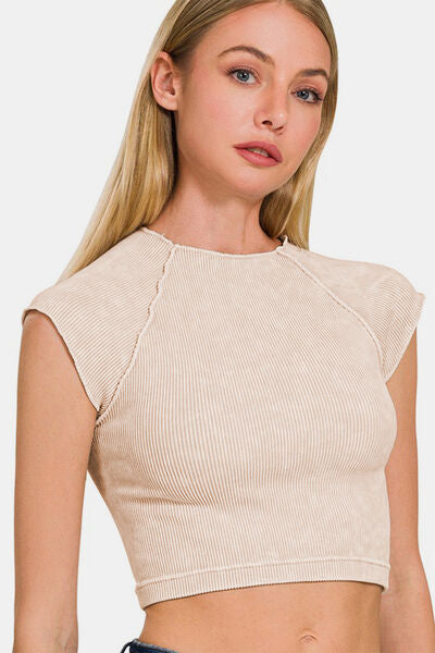 Zenana Ribbed Round Neck Cropped Top - Drazelle Store