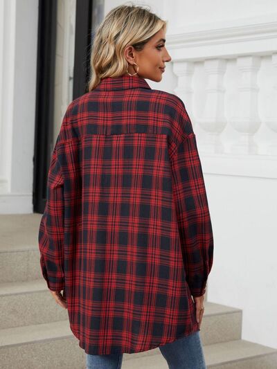 Plaid Collared Neck Long Sleeve Shirt - Drazelle Store