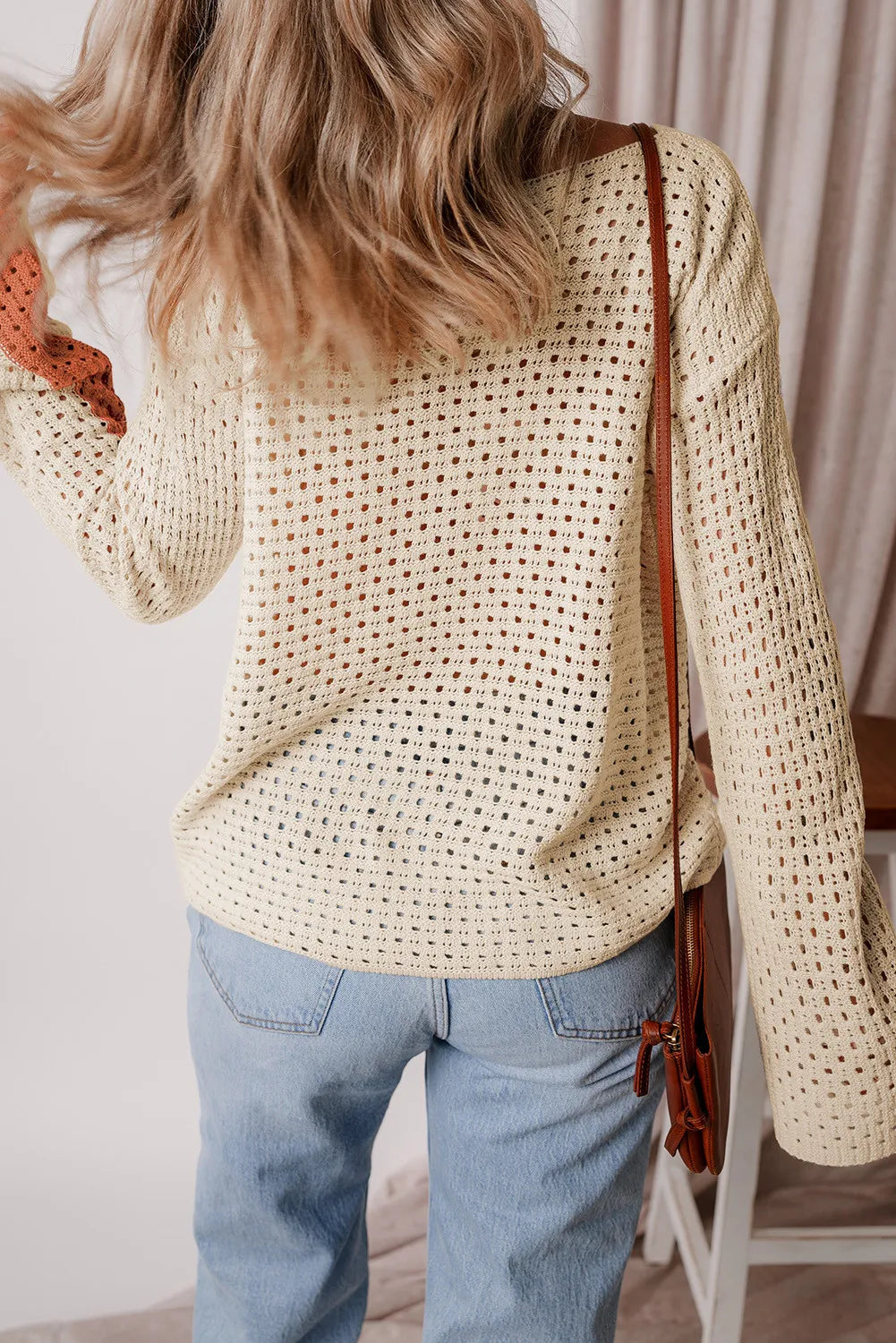 Openwork Color Block Long Sleeve Knit Top - Drazelle Store