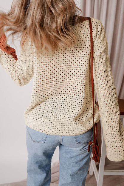 Openwork Color Block Long Sleeve Knit Top - Drazelle Store