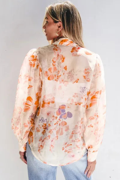 Printed Collared Neck Long Sleeve Shirt - Drazelle Store