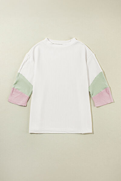 Color Block Ribbed Knit Three-Quarter Sleeve Top - Drazelle Store