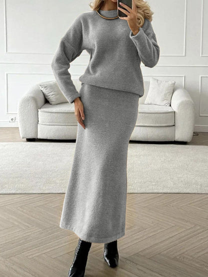 Round Neck Dropped Shoulder Top and Midi Skirt Sweater Set - Drazelle Store