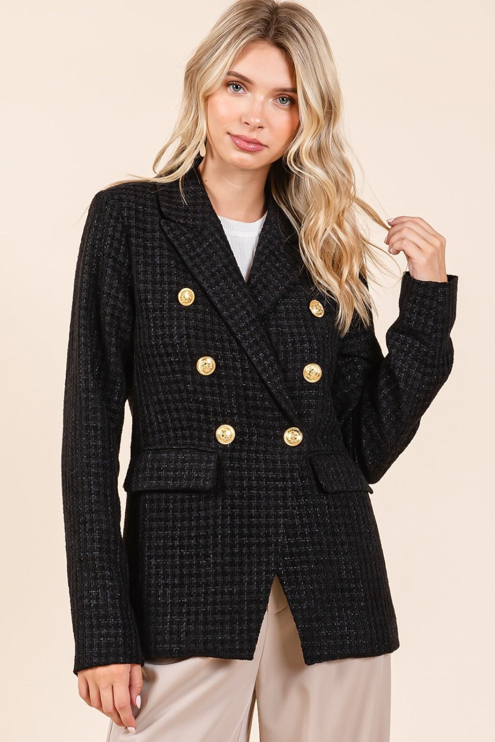 Plaid Texture Double-Breasted Long Sleeve Blazer - Drazelle Store