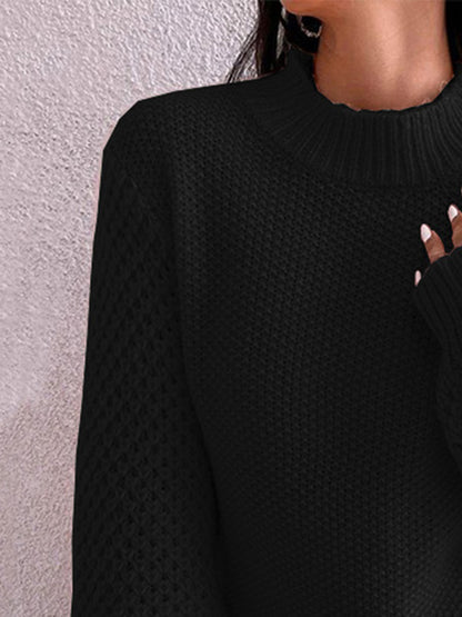 Openwork Mock Neck Long Sleeve Sweater - Drazelle Store