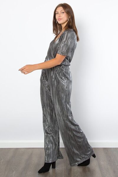 Be Stage Surplice Short Sleeve Pleated Foil Jumpsuit - Drazelle Store