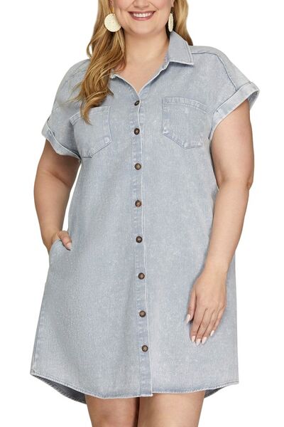 She + Sky Full Size Folded Cuff Button Down Washed Twill Shirt Dress Plus Size - Drazelle Store