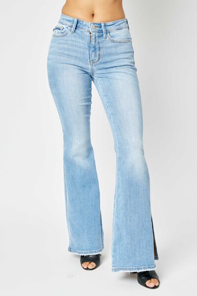 Judy Blue Full Size Mid Rise Raw Hem Slit Flare Jeans - Drazelle Store