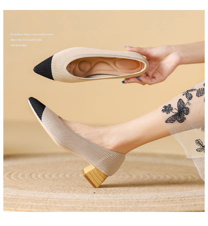 Wood Grain Thick Heel Pointed Breathable Casual Pumps - Drazelle Store