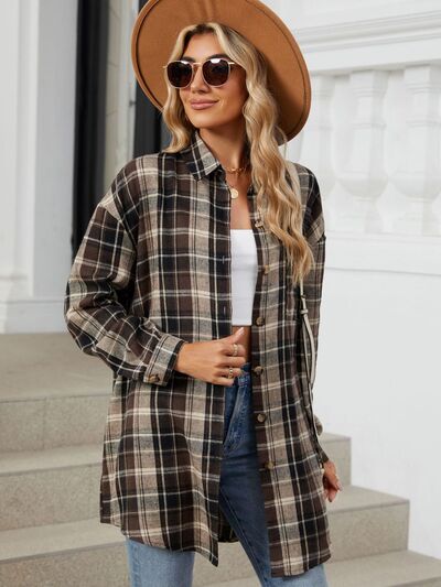 Plaid Collared Neck Long Sleeve Shirt - Drazelle Store