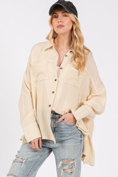 SAGE + FIG Frayed Hem Side Slit Button Down Shirt - Drazelle Store