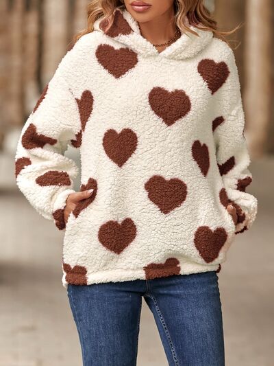 Fuzzy Heart Pocketed Dropped Shoulder Hoodie - Drazelle Store