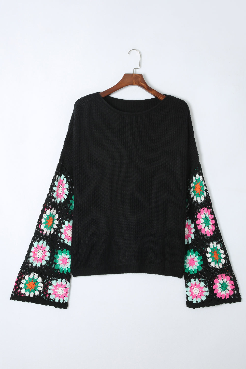 Crochet Round Neck Long Sleeve Knit Top - Drazelle Store