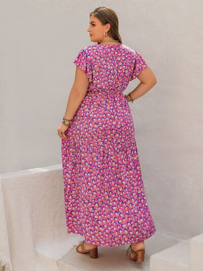 Plus Size Printed V-Neck Flutter Sleeve Tie Waist Maxi Dress - Drazelle Store