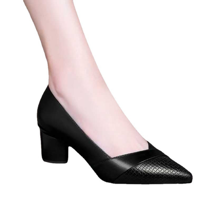 Genuine Leather Thick Heel Mid-heel Pointed Toe Women's Pumps - Drazelle Store