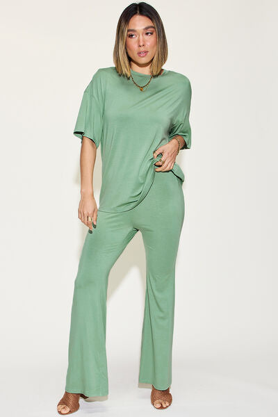 Basic Bae Full Size Bamboo Drop Shoulder T-Shirt and Flare Pants Set - Drazelle Store