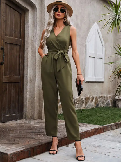 Surplice Tie Waist Sleeveless Jumpsuit - Drazelle Store