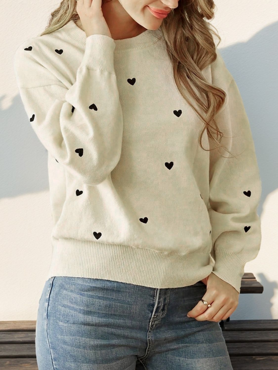 Heart Round Neck Long Sleeve Knit Top - Drazelle Store