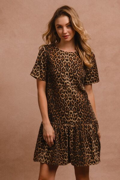 BiBi Tie Back Leopard Round Neck Short Sleeve Dress - Drazelle Store