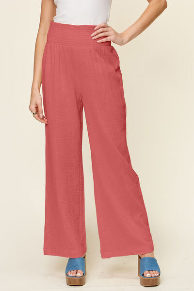 Double Take Full Size Texture Smocked Waist Wide Leg Pants - Drazelle Store