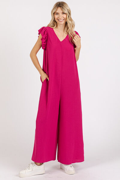 Mittoshop V-Neck Ruffled Cap Sleeve Wide Leg Jumpsuit - Drazelle Store