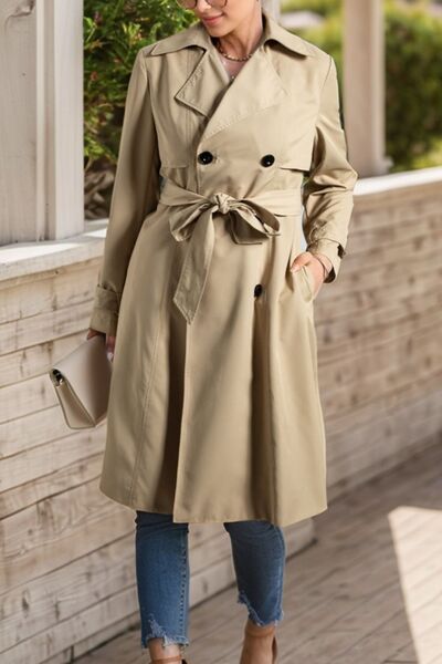 Collared Neck Tie Waist Buttoned Long Sleeve Trench Coat - Drazelle Store